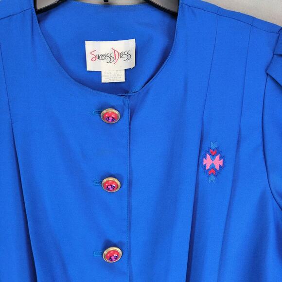 Vintage 90s Success Dress Sz 10P Blue Button Front Career Geometric Pleated Belt - Picture 4 of 10